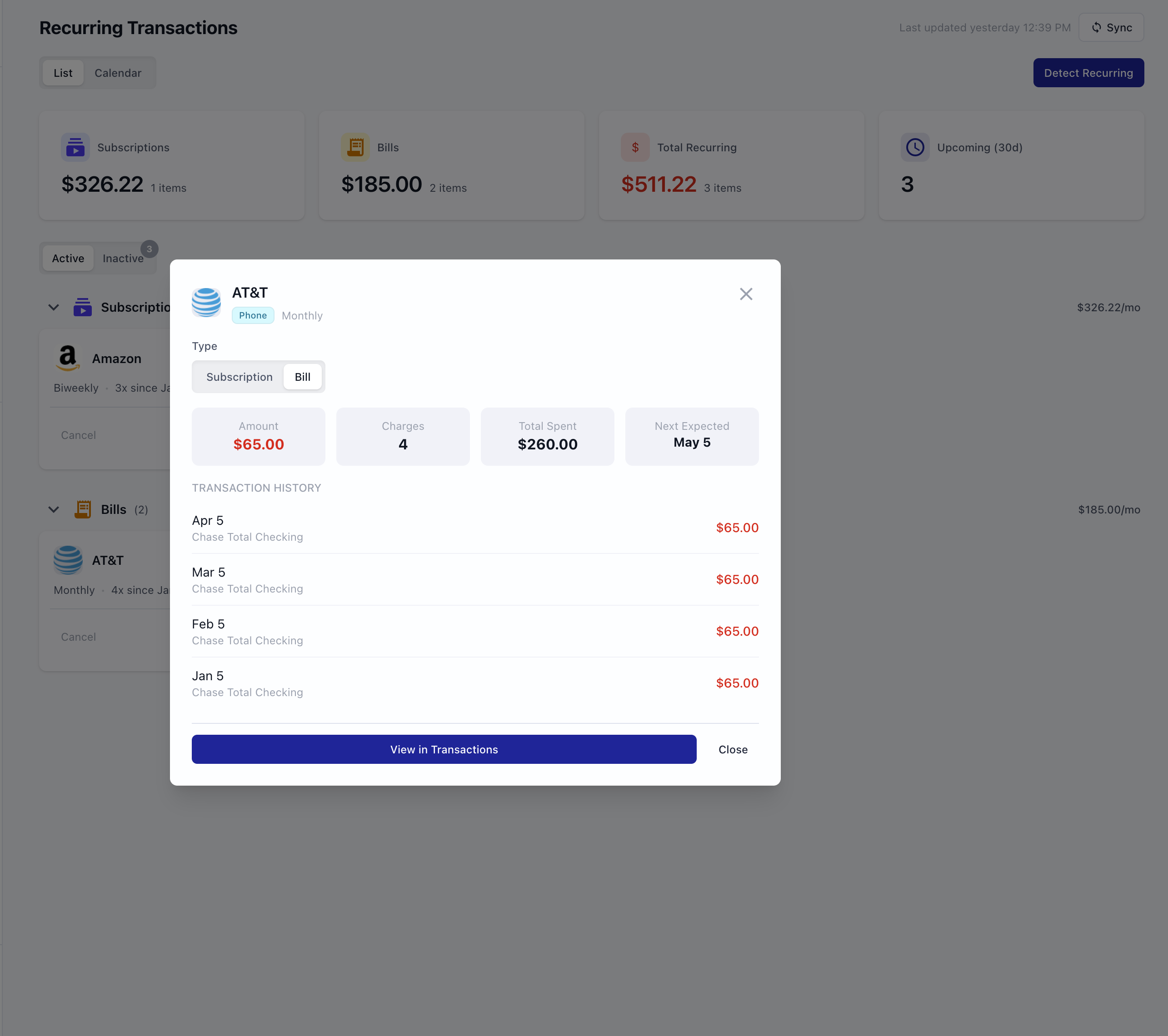 Recurring transactions view showing subscriptions, bills, and upcoming charges
